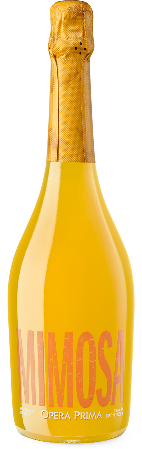 Yellow bottle of Opera Prima Mimosas on a white background