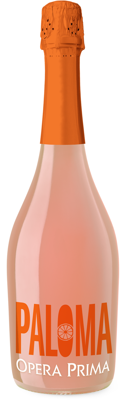 Bottle of Paloma Opera Prima wine with an orange label on a white background