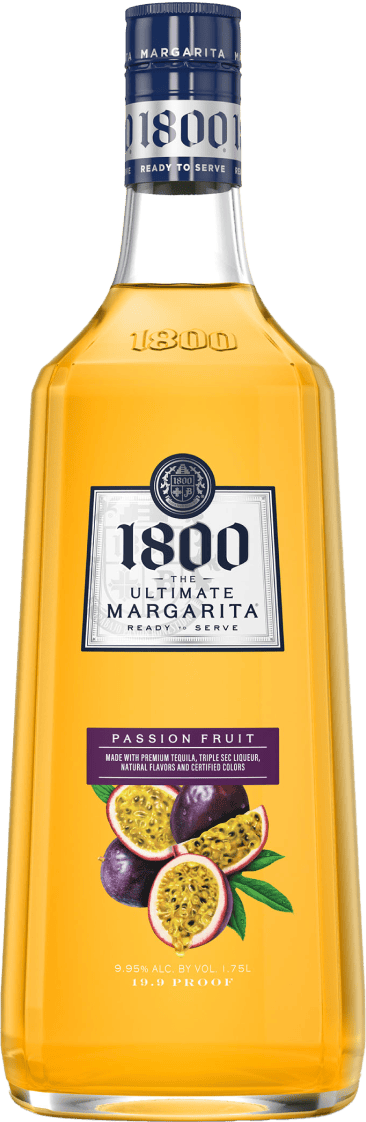Bottle of 1800 Ultimate Margarita with passion fruit flavor on a white background