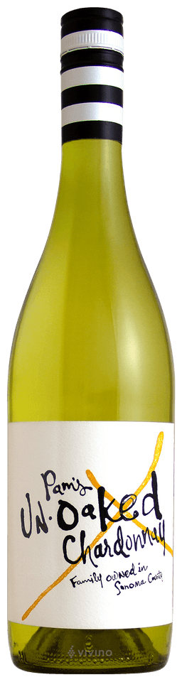 Bottle of s Un-Oaked Chardonnay with a black and white striped cap.