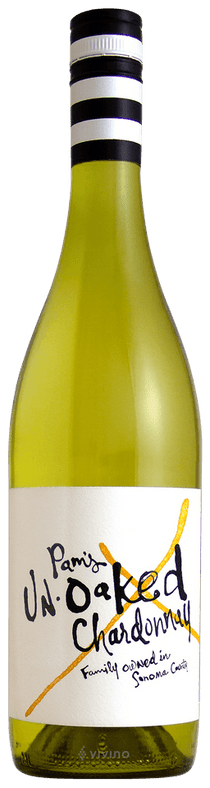 Bottle of s Un-Oaked Chardonnay with a black and white striped cap.