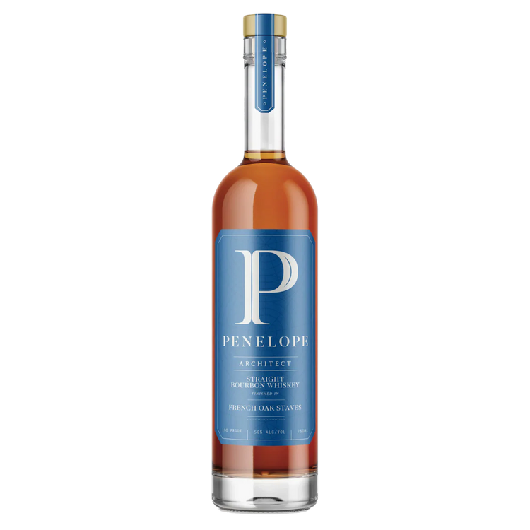 Bottle of Penelope Architect Straight Bourbon Whiskey on a white background
