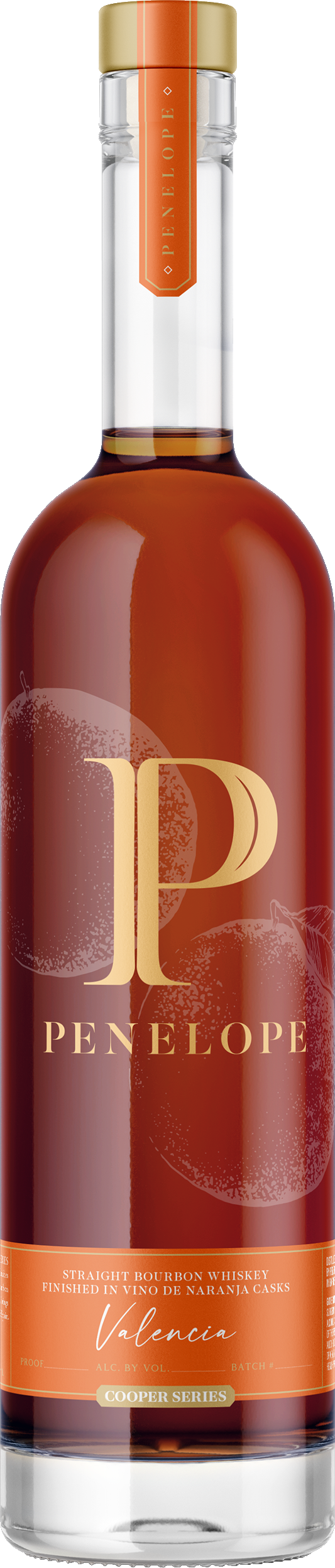 Bottle of Penelope with a gold cap and label.