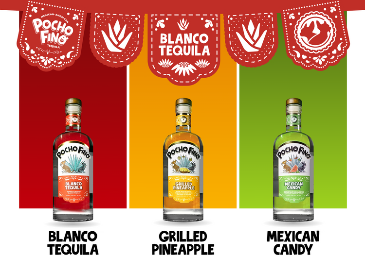 Three bottles of Pocho Fino tequila with colorful background and labels.