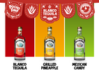 Three bottles of Pocho Fino tequila with colorful background and labels.