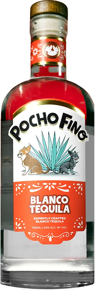 Bottle of Pocho Fino Blanco Tequila with red label and agave plant illustration.