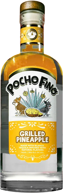 Bottle of Pocho Fino Grilled Pineapple tequila with a yellow label.