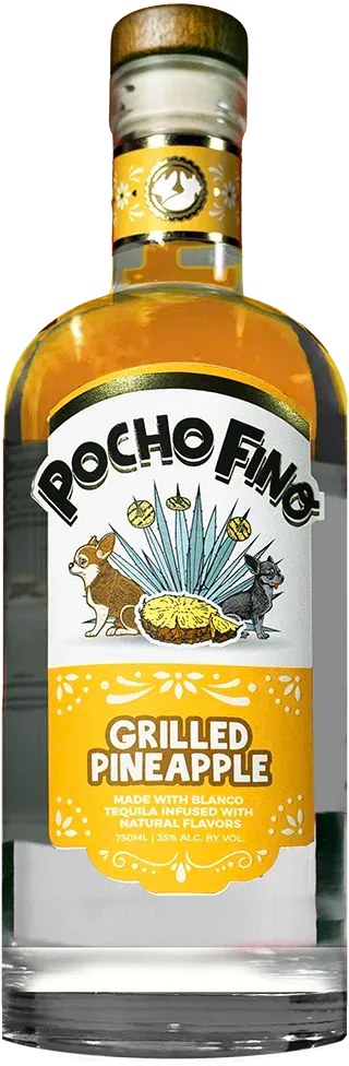 Bottle of Pocho Fino Grilled Pineapple tequila with a yellow label.