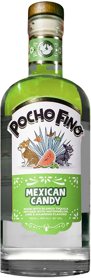 Bottle of Pocho Fino Mexican Candy with a colorful label featuring animals and watermelon.