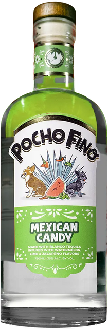 Bottle of Pocho Fino Mexican Candy with a colorful label featuring animals and watermelon.