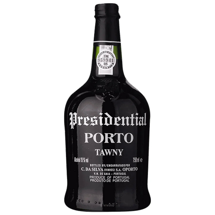 Bottle of Presidential Porto Tawny wine on a white background