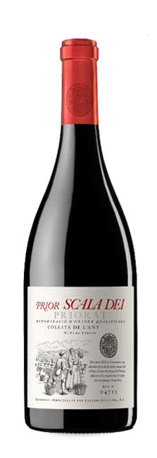 A bottle of Prior Scala Dei Prosecco with a red wax seal and a white label featuring black text and an illustration, set against a plain white background.
