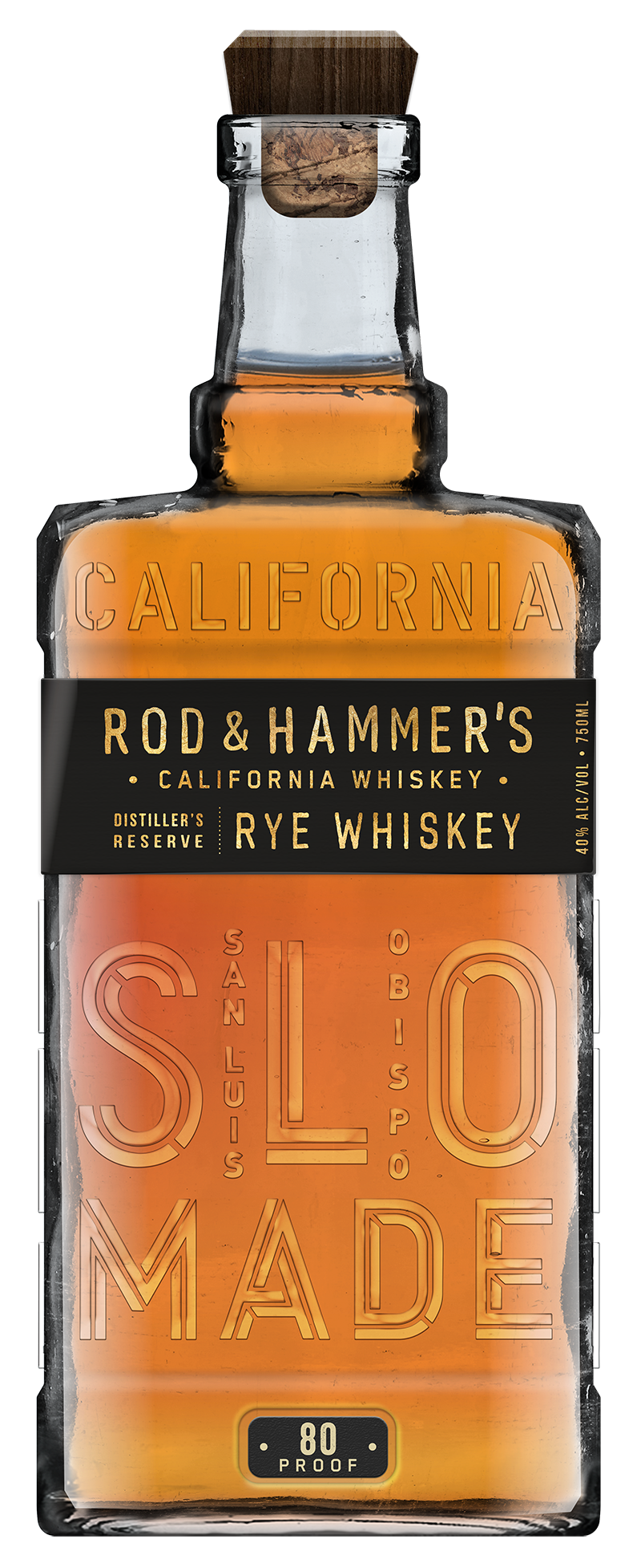 Bottle of Rod & Hammer's California Rye Whiskey with 'SLO MADE' text on a white background