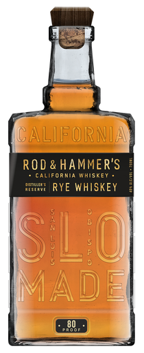 Bottle of Rod & Hammer's California Rye Whiskey with 'SLO MADE' text on a white background