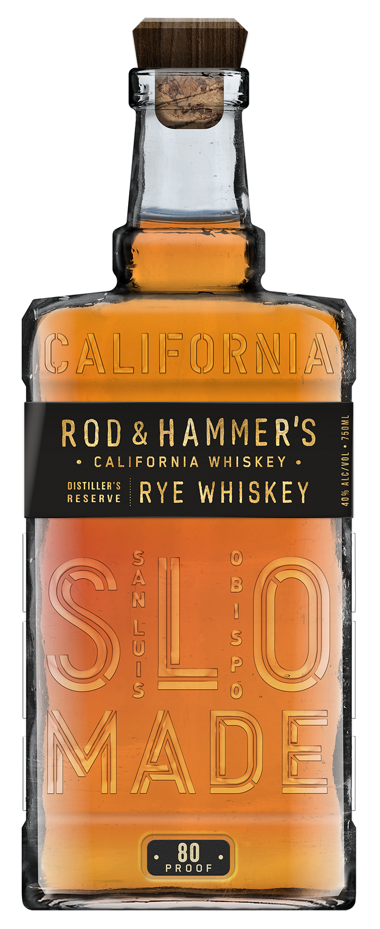 Bottle of Rod & Hammer's California Rye Whiskey with 'SLO MADE' text on a white background