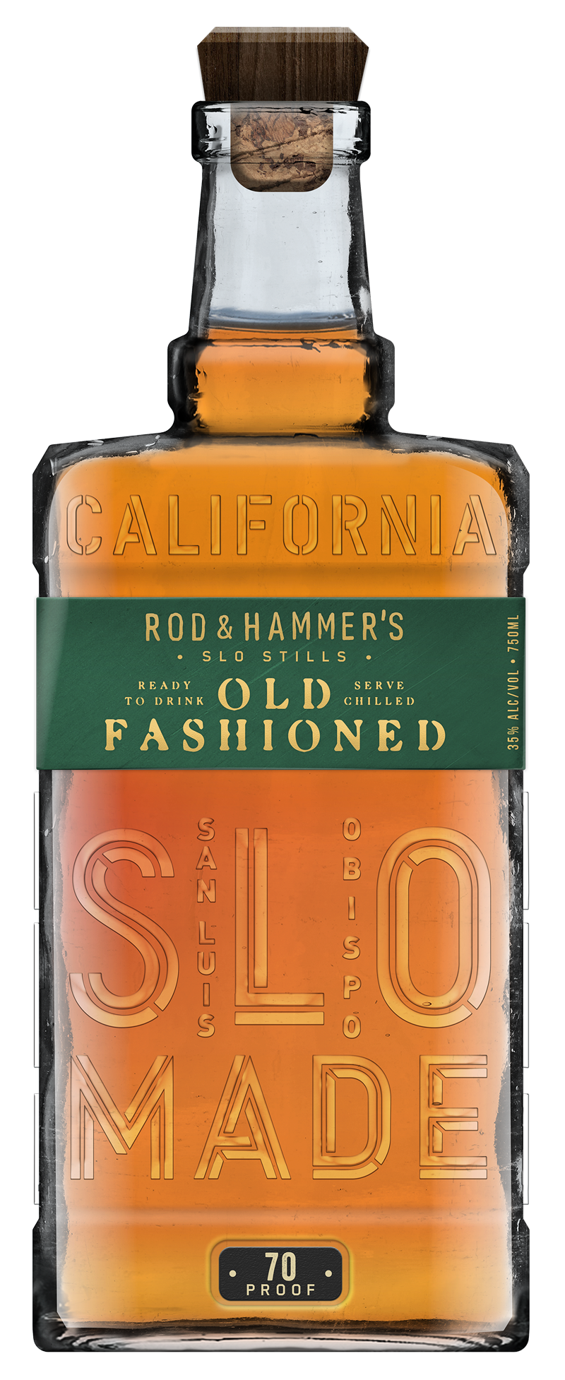 Bottle of Rod & Hammer's Old Fashioned whiskey with a green label on a white background