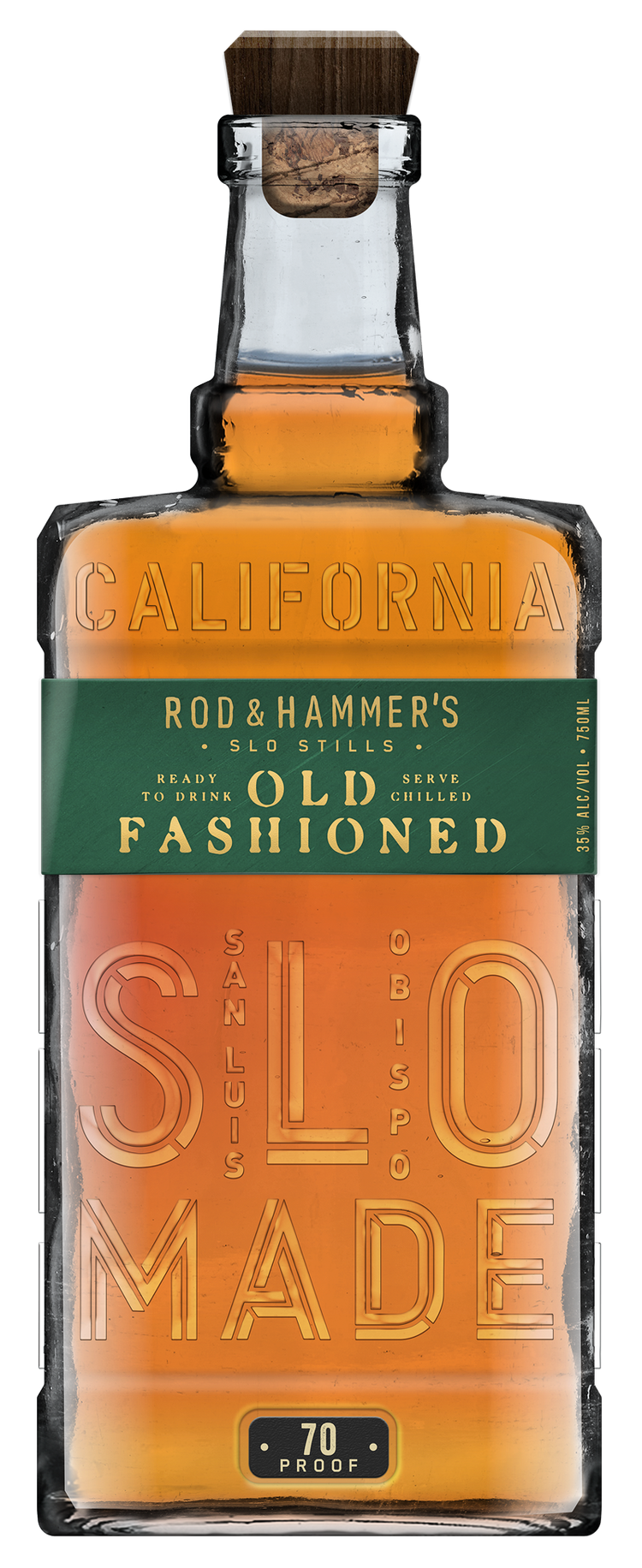 Bottle of Rod & Hammer's Old Fashioned whiskey with a green label on a white background