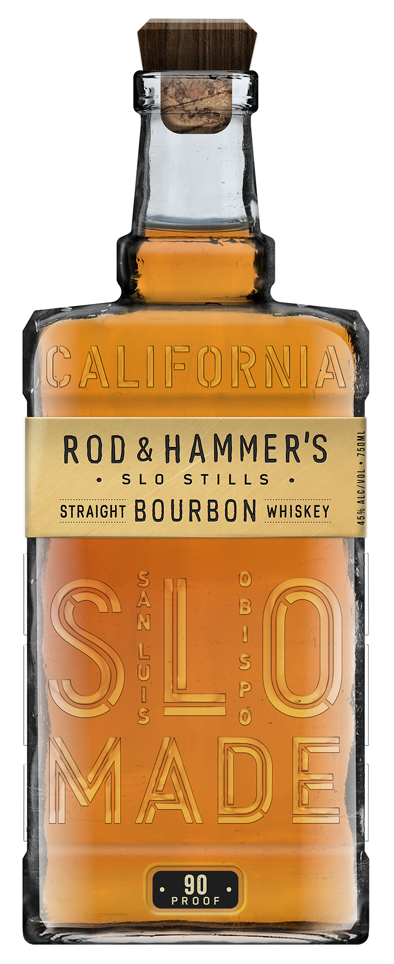 Bottle of Rod & Hammer's California Slo Stills Straight Bourbon Whiskey with a corked cap.