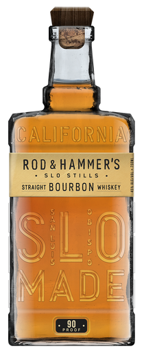 Bottle of Rod & Hammer's California Slo Stills Straight Bourbon Whiskey with a corked cap.