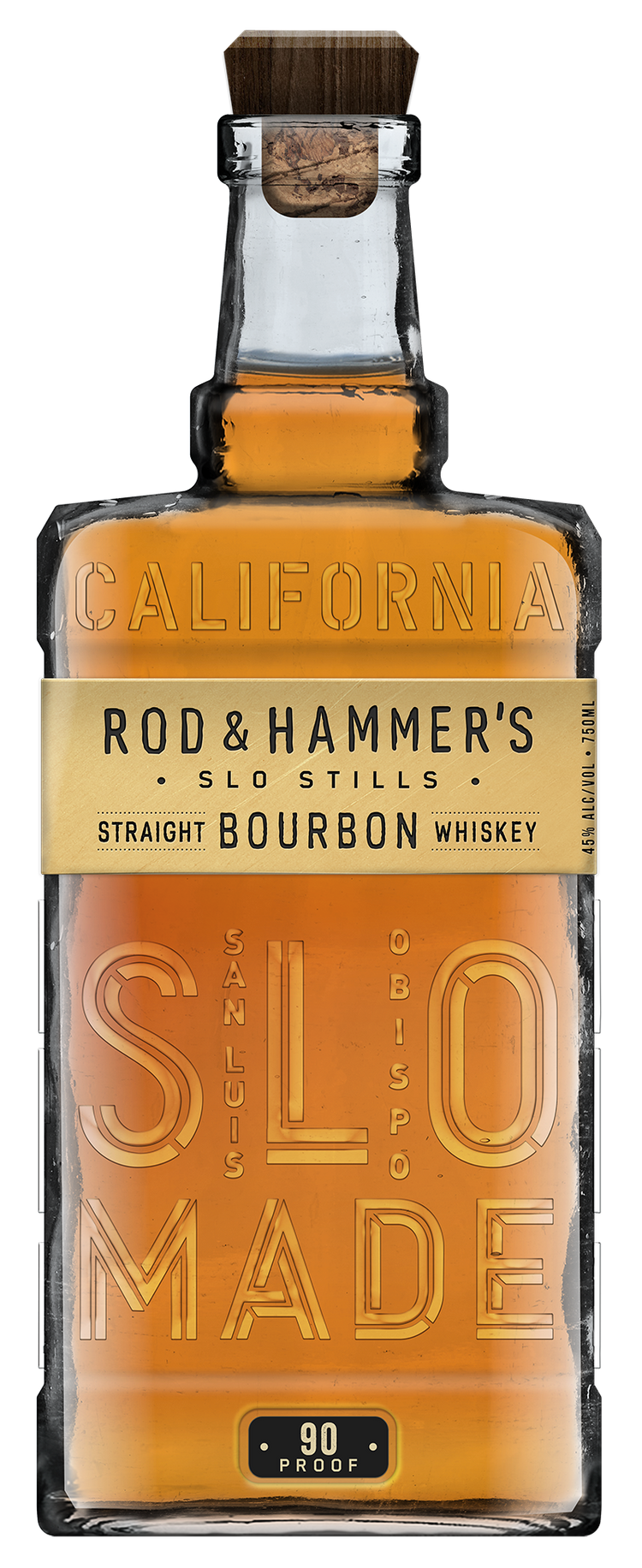 Bottle of Rod & Hammer's California Slo Stills Straight Bourbon Whiskey with a corked cap.