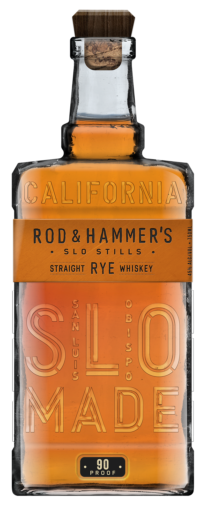 Bottle of Rod & Hammer's SLO Made Straight Rye Whiskey with a cork lid on a white background