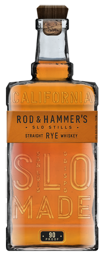 Bottle of Rod & Hammer's SLO Made Straight Rye Whiskey with a cork lid on a white background