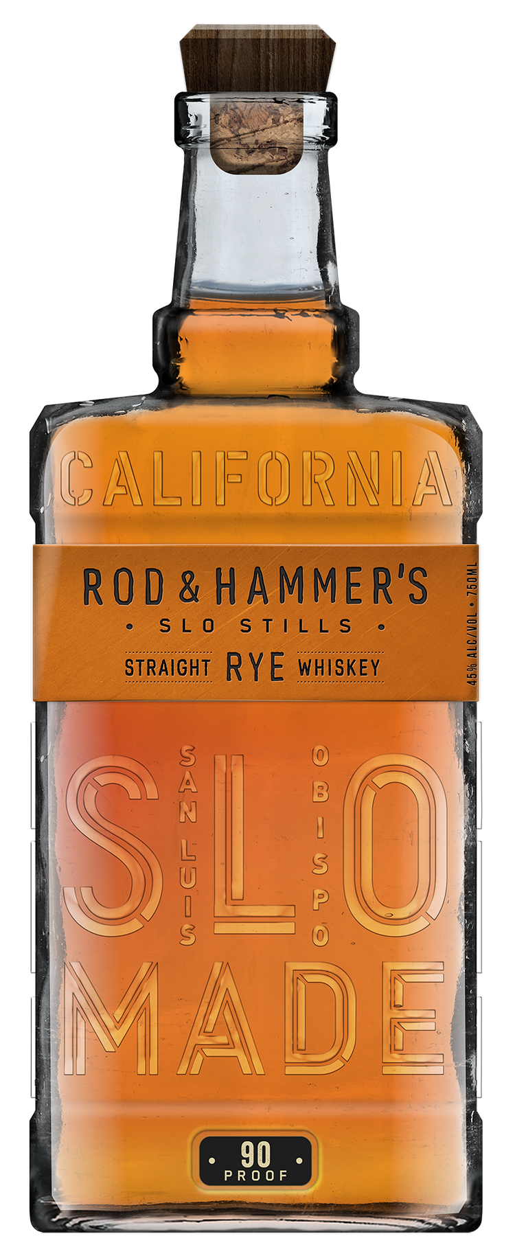 Bottle of Rod & Hammer's SLO Made Straight Rye Whiskey with a cork lid on a white background