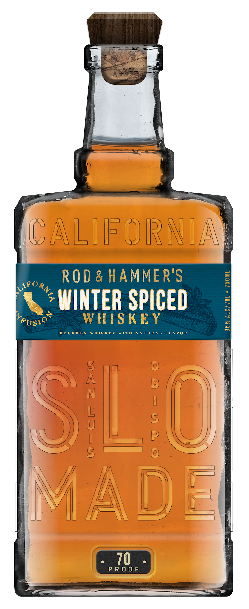 Bottle of Rod & Hammer's Winter Spiced Whiskey with a blue label on a white background