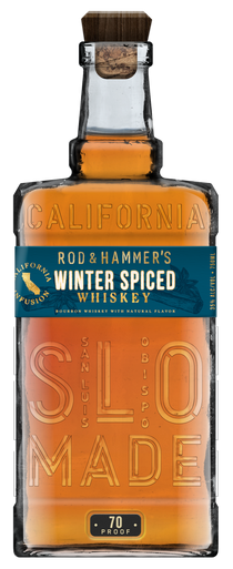 Bottle of Rod & Hammer's Winter Spiced Whiskey with a blue label on a white background