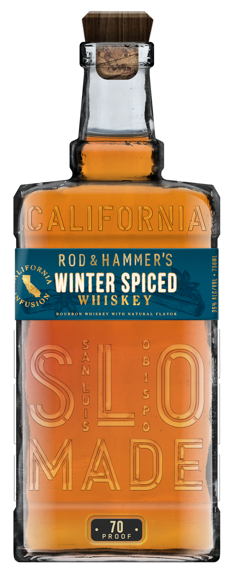 Bottle of Rod & Hammer's Winter Spiced Whiskey with a blue label on a white background