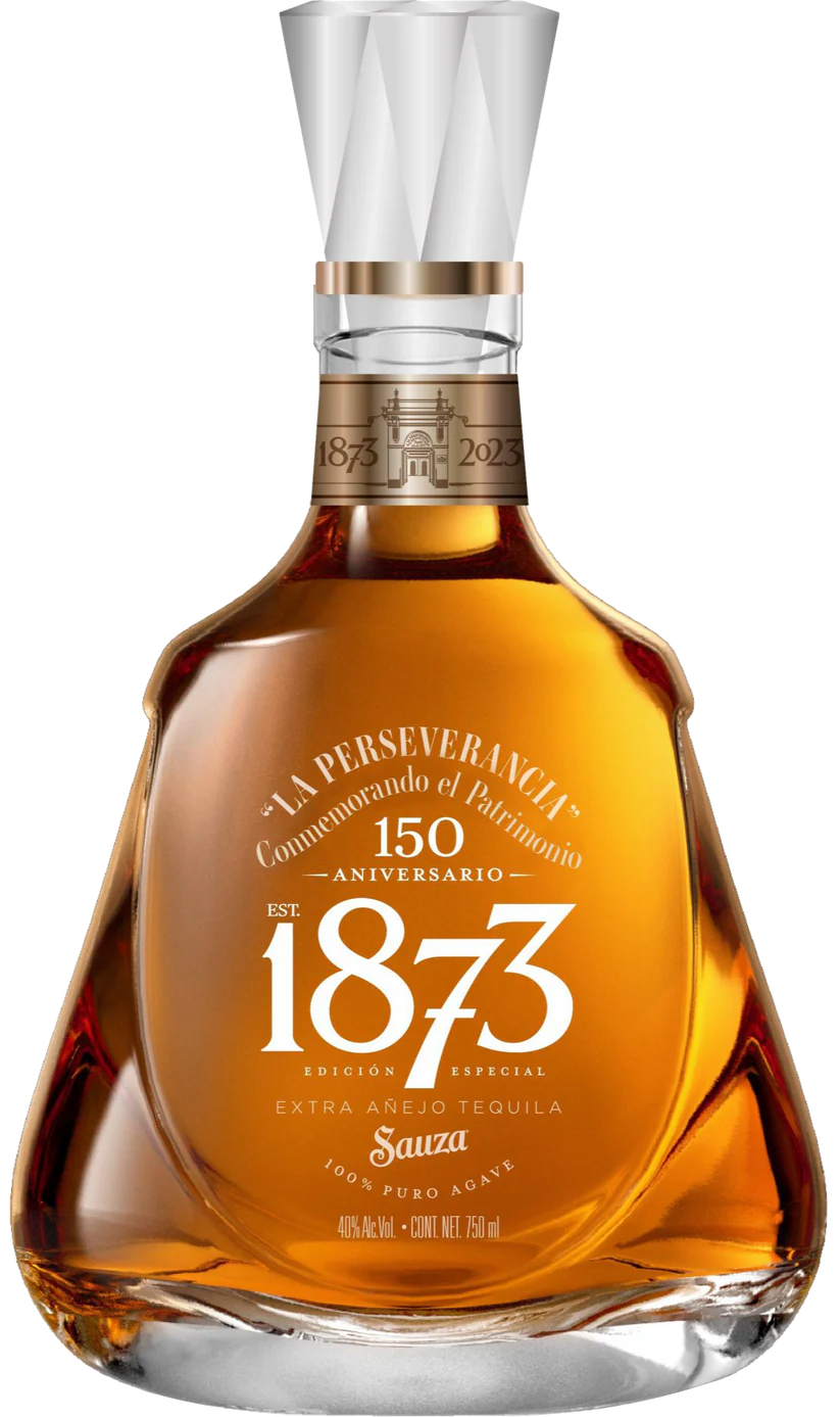 Tequila bottle with '1873' branding on a white background