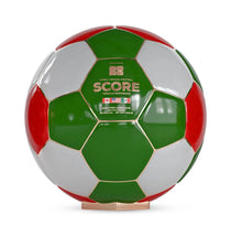 Soccer ball with red, green, and white colors on a white background