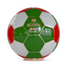 Soccer ball with red, green, and white colors on a white background