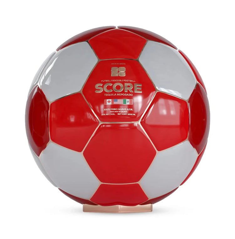 Red and white soccer ball with 'Score' branding on a white background
