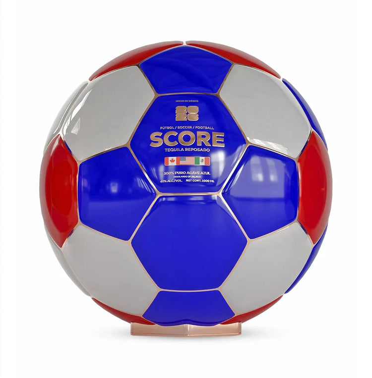 Soccer ball with red, blue, and white colors on a white background