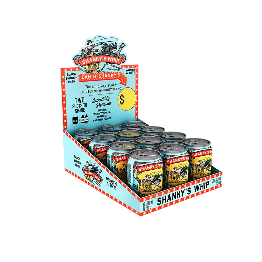 A retail display box filled with cans of Shanks' Whip whiskey on a plain white background. The display features a light blue and red striped cardboard stand with vintage-style branding and multiple silver metal cans with red, yellow, and blue labels.