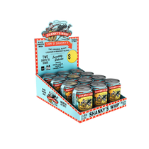 A retail display box filled with cans of Shanks' Whip whiskey on a plain white background. The display features a light blue and red striped cardboard stand with vintage-style branding and multiple silver metal cans with red, yellow, and blue labels.