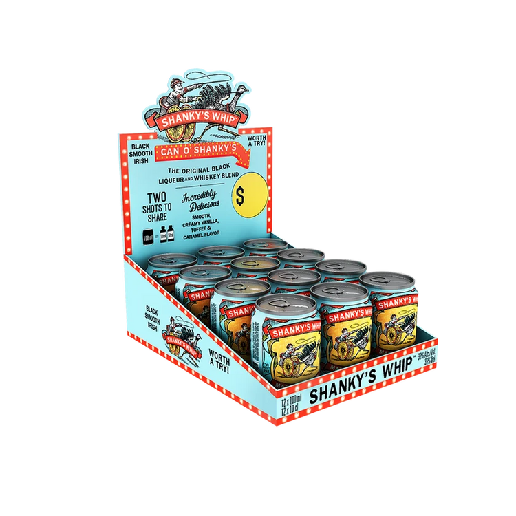 A retail display box filled with cans of Shanks' Whip whiskey on a plain white background. The display features a light blue and red striped cardboard stand with vintage-style branding and multiple silver metal cans with red, yellow, and blue labels.
