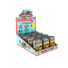 A retail display box filled with cans of Shanks' Whip whiskey on a plain white background. The display features a light blue and red striped cardboard stand with vintage-style branding and multiple silver metal cans with red, yellow, and blue labels.