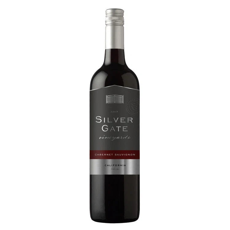 A bottle of Silver Gate Cabernet Sauvignon wine on a plain white background. The bottle is dark glass with a silver screw cap and a dark gray label featuring silver text and a red horizontal accent band.