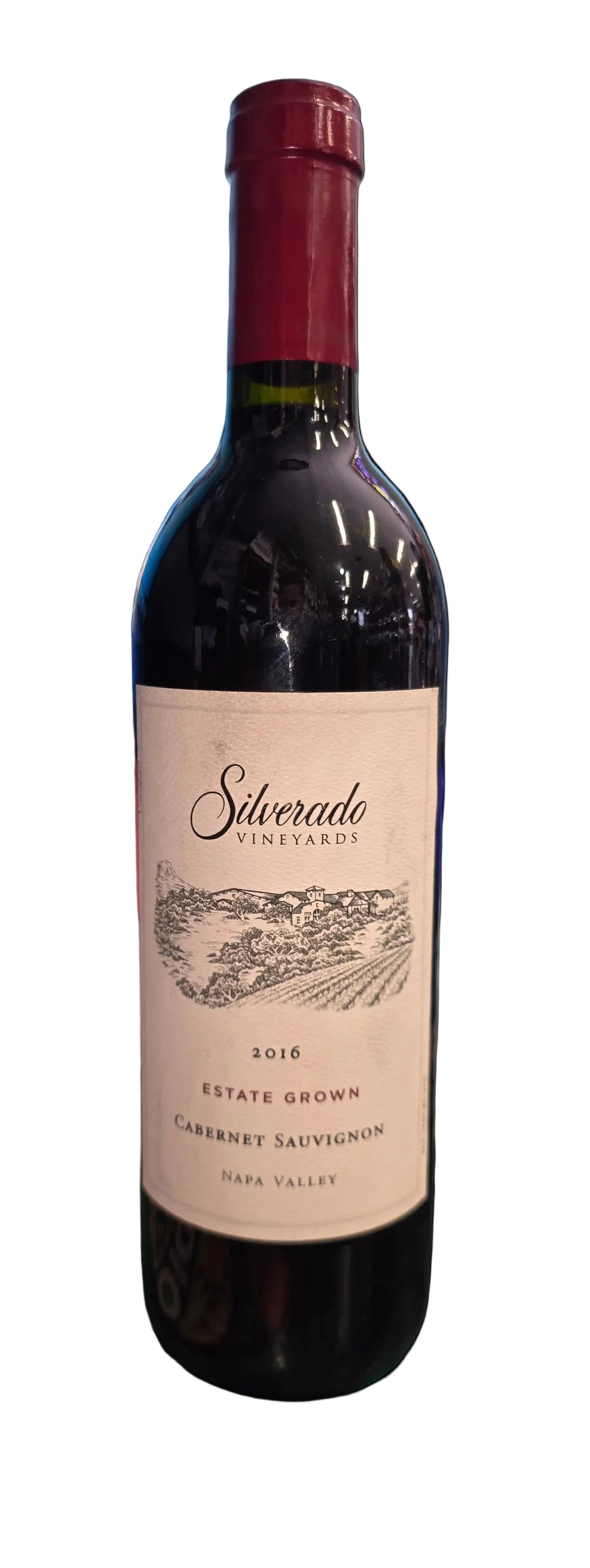 Silverado Vineyards Cabernet Sauvignon wine bottle on a table with a blurred background