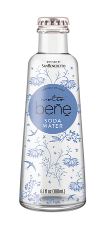 Bottle of San Benedetto bene soda water with floral design on a white background