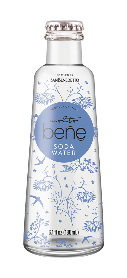 Bottle of San Benedetto bene soda water with floral design on a white background