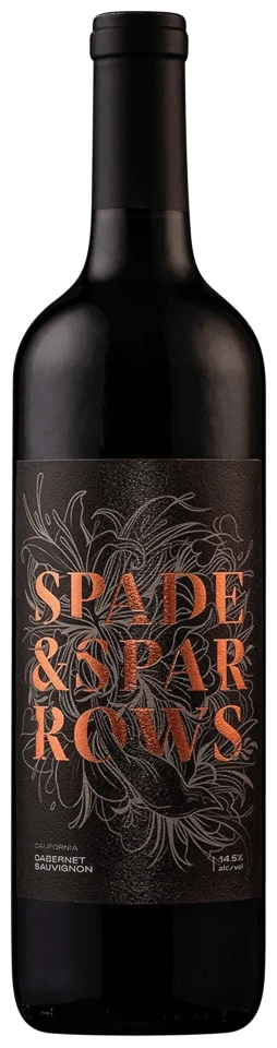 Wine bottle with 'Spade & Sparrows' label on a black background