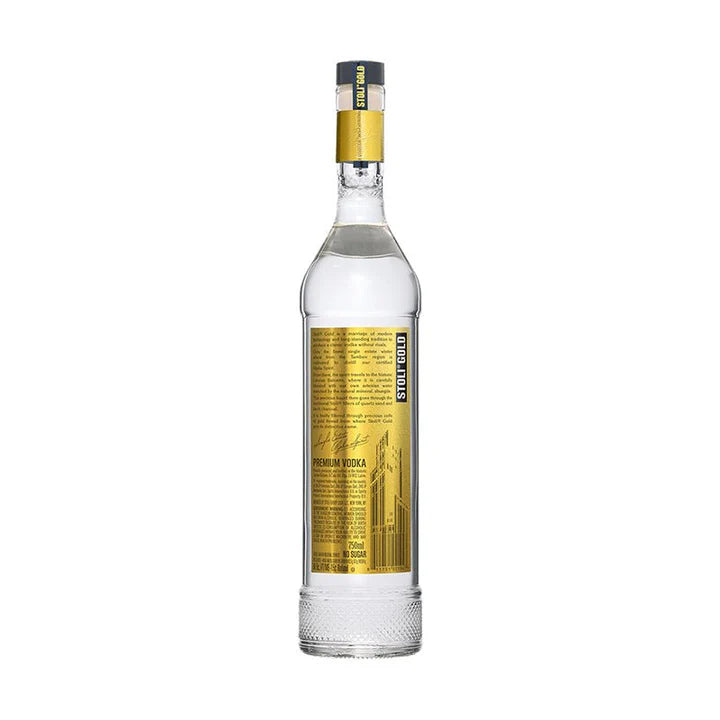 Bottle of vodka with a gold label on a white background