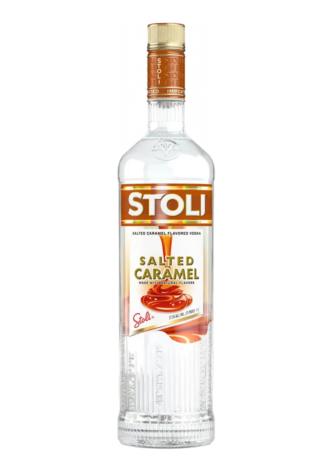 Stoli Salted Caramel flavored vodka bottle on a white background