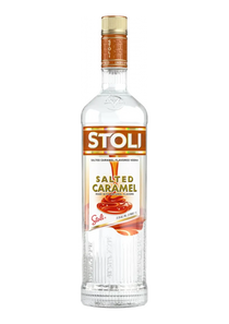 Stoli Salted Caramel flavored vodka bottle on a white background