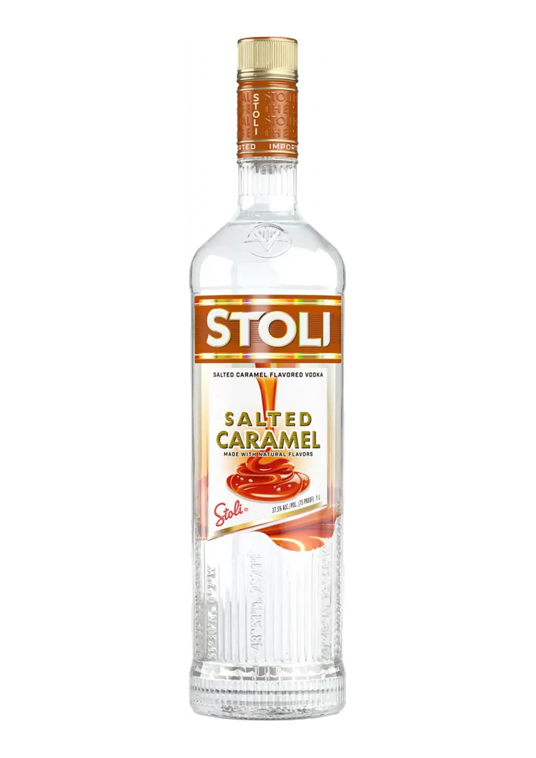 Stoli Salted Caramel flavored vodka bottle on a white background