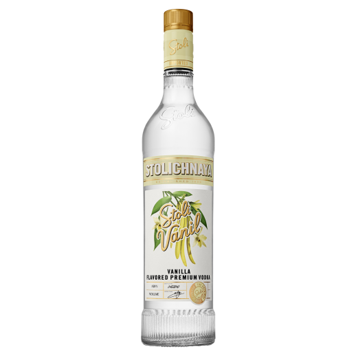 Bottle of Stolichnaya Vanilla vodka on a white background