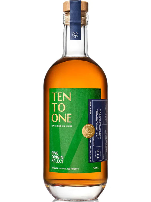 Bottle of Ten to One Caribbean Rum with a green label on a white background